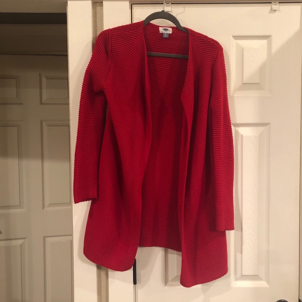 Old Navy red open-front long crochet sweater